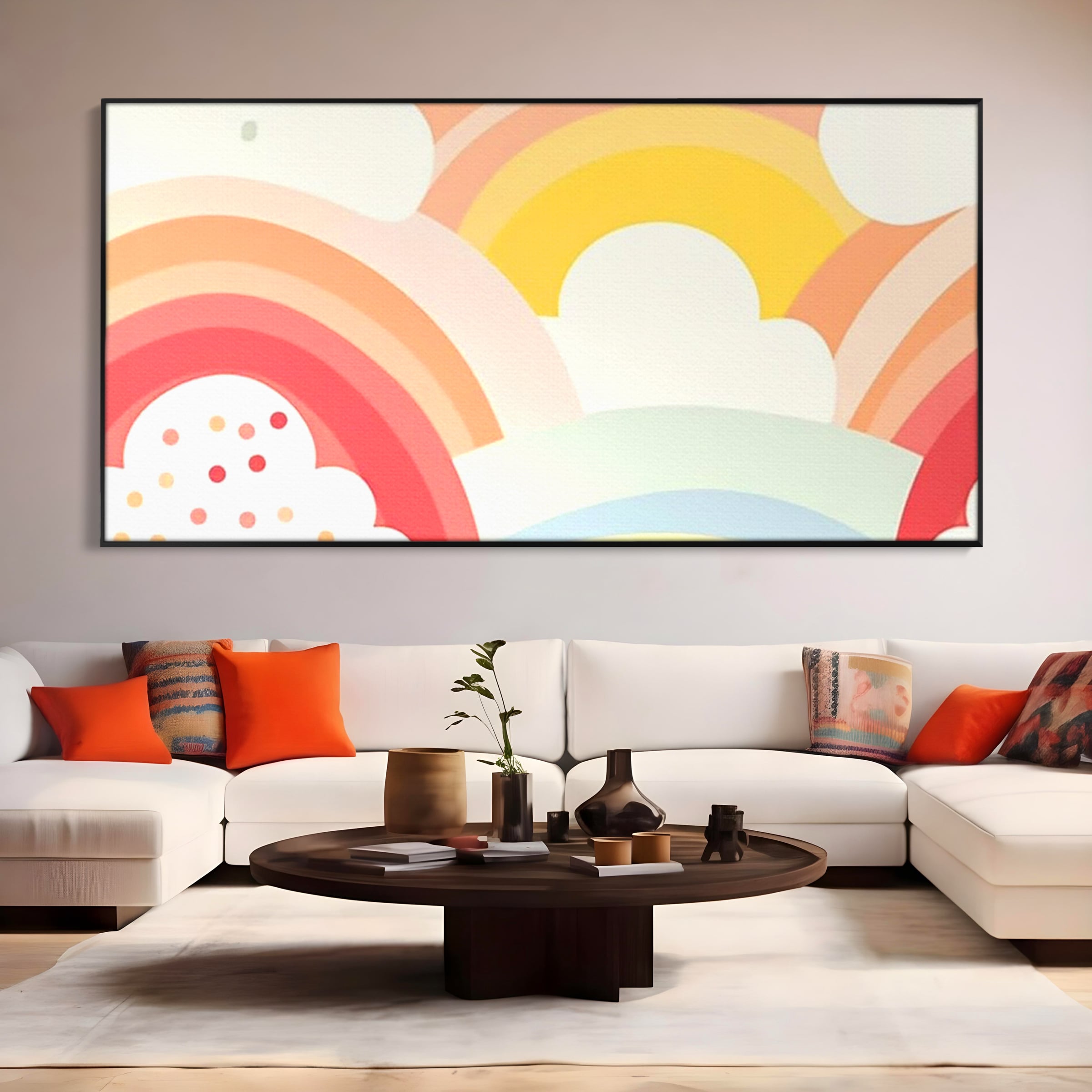 Tablou canvas cu ilustratie digitala cu curcubeu pastel si nori, in rama de aluminiu negru, pe perete intr-un living